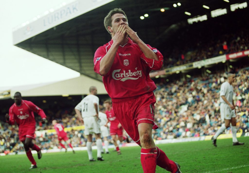 Michael Owen of Liverpool celebrates scoring the fourth and final goal of the match during the FA Barclaycard Premiership match against Leeds United played at Elland Road