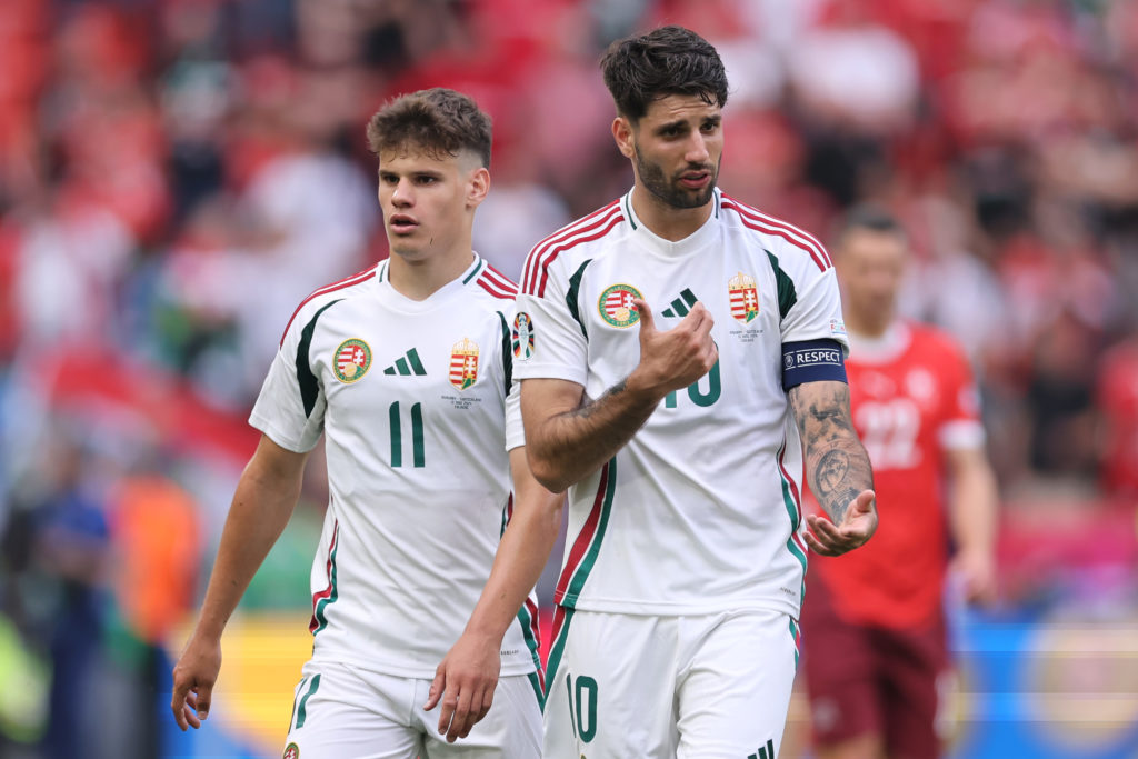 Dominik Szoboszlai and Milos Kerkez of Hungary react during the UEFA EURO 2024 group stage match between Hungary and Switzerland at Cologne Stadium