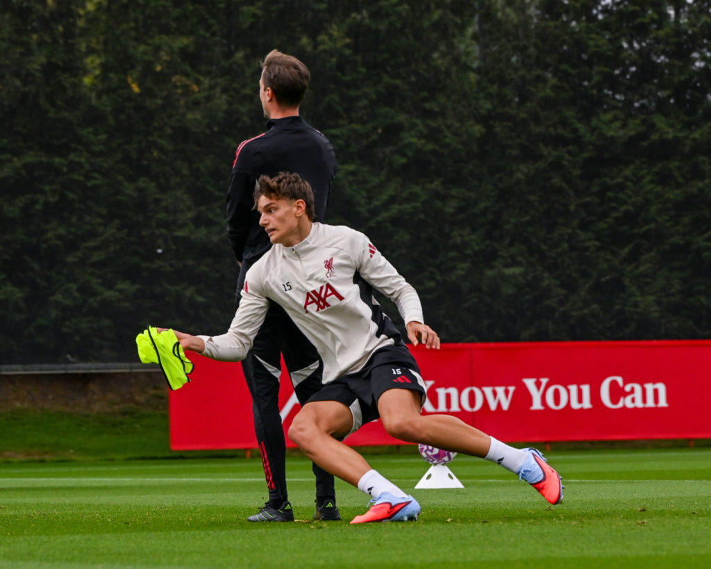 Giovanni Leoni of Liverpool during a training session at AXA Training Centre on August 21, 2025 in Kirkby, England.