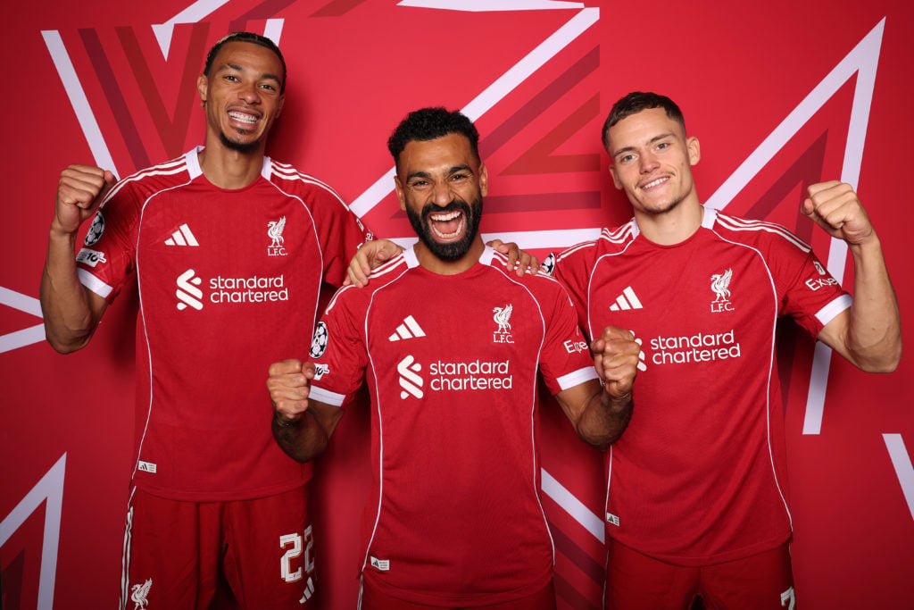 Hugo Ekitike, Mohamed Salah and Florian Wirtz of Liverpool FC pose for a portrait during the official UEFA Champions League 2025/26 portrait session.