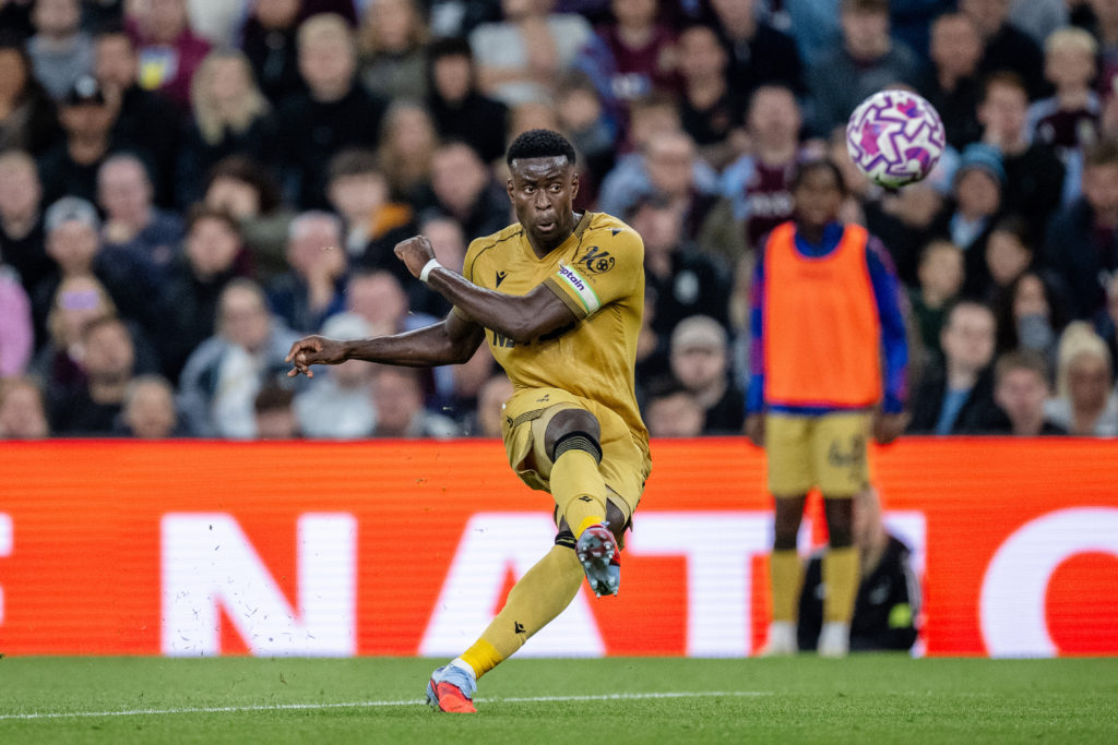 Marc Guehi of Crystal Palace scoring goal during the Premier League match between Aston Villa and Crystal Palace at Villa Park.