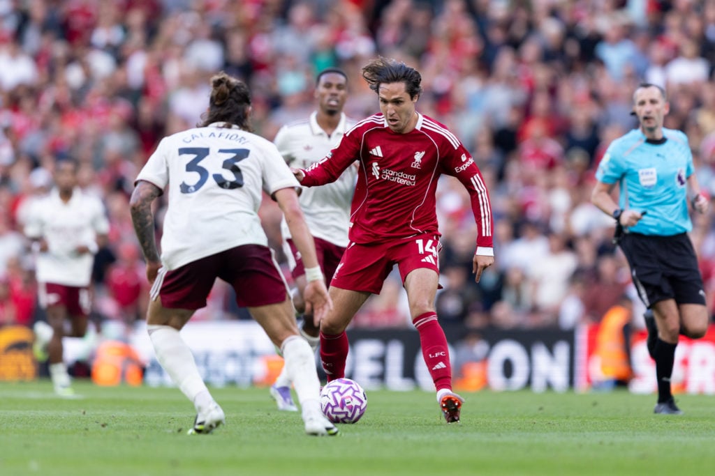 Federico Chiesa runs with the ball during Liverpool's Premier League match against Arsenal at Anfield.