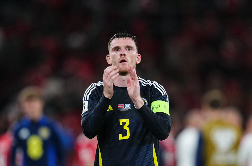Andy Robertson of Scotland looks on during the UEFA World Cup qualification match between Denmark and Scotland at Parken Stadium