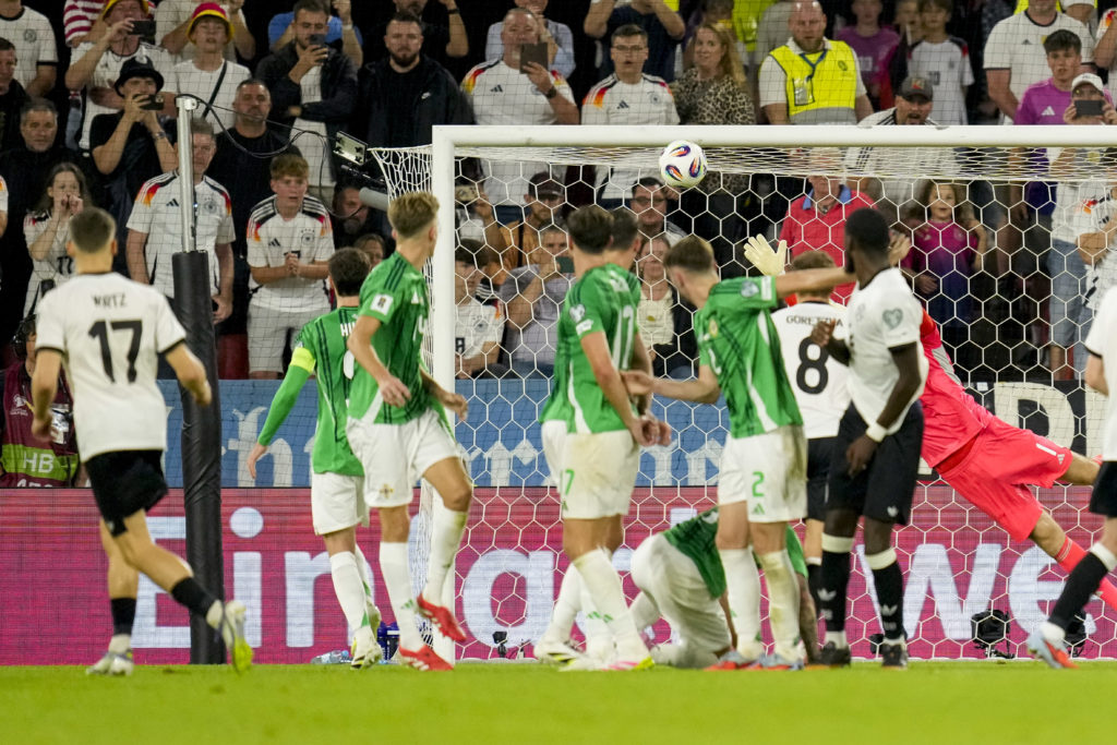 Florian Wirtz scores a free-kick for Germany during the FIFA World Cup qualifier against Northern Ireland in Cologne