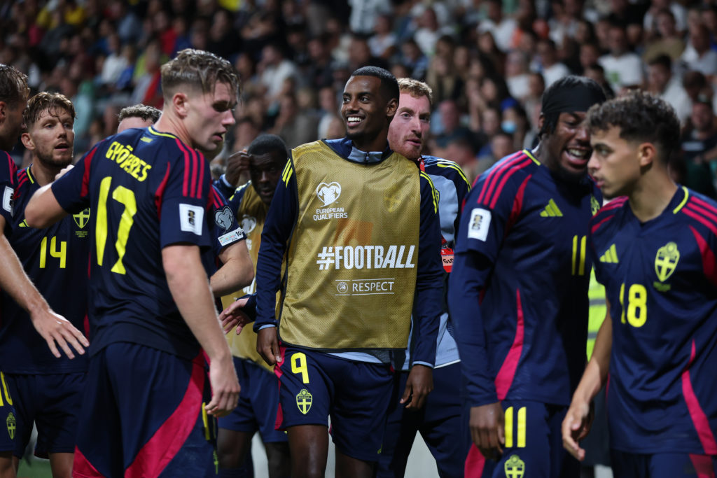 Alexander Isak celebrates with teammates after Sweden score in the FIFA World Cup qualifier against Slovenia in Ljubljana