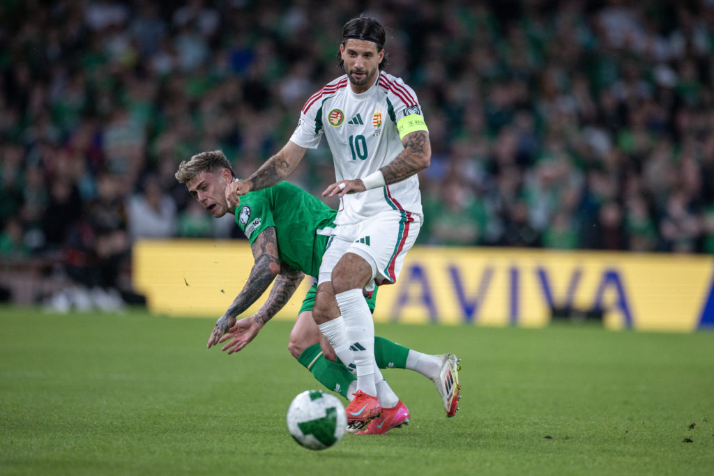 Dominik Szoboszlai battles Sammie Szmodics for the ball during Hungary's FIFA World Cup qualifier against Republic of Ireland in Dublin.
