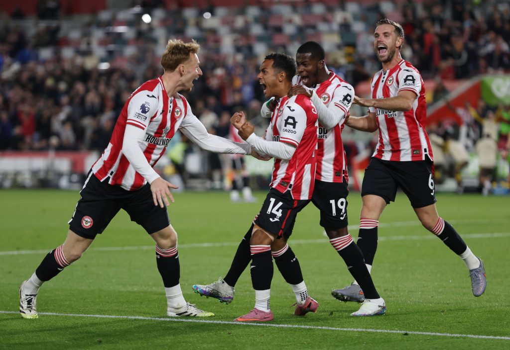 Fabio Carvalho of Brentford goal celebration after scoring a goal to make the score 2-2 during the Premier League match between Brentford and Chelsea at Gtech Community Stadium