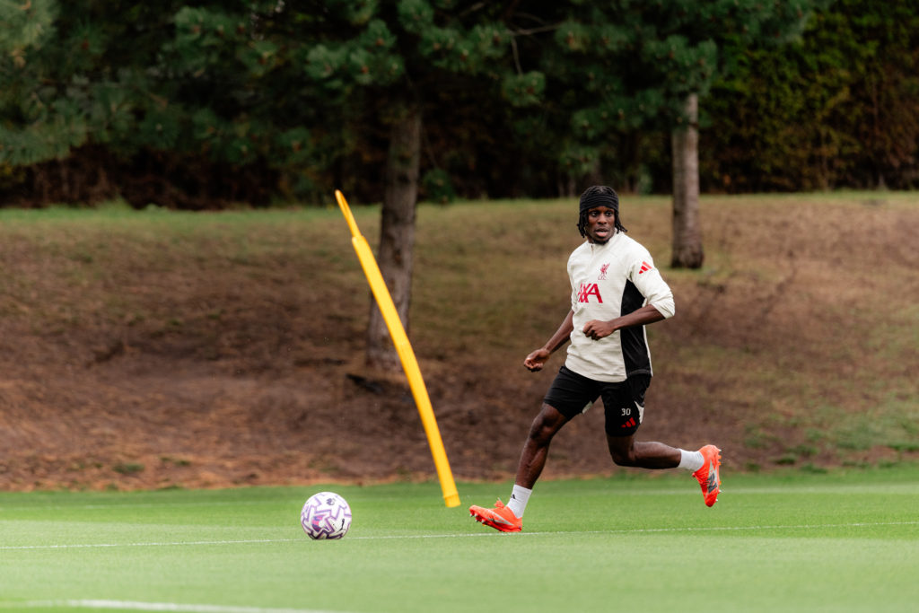Jeremie Frimpong of Liverpool during a training session at AXA Training Centre