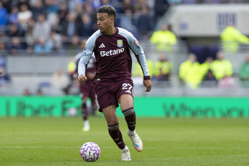 Morgan Rogers #27 of Aston Villa F.C. is in possession of the ball during the Premier League match between Everton and Aston Villa at Hill Dickinson Stadium.