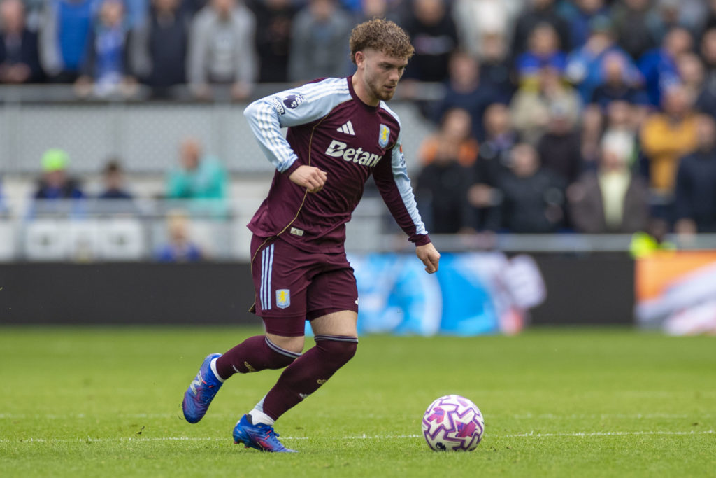 Harvey Elliott on the ball for Aston Villa in their Premier League match against Everton at the Hill Dickinson Stadium.