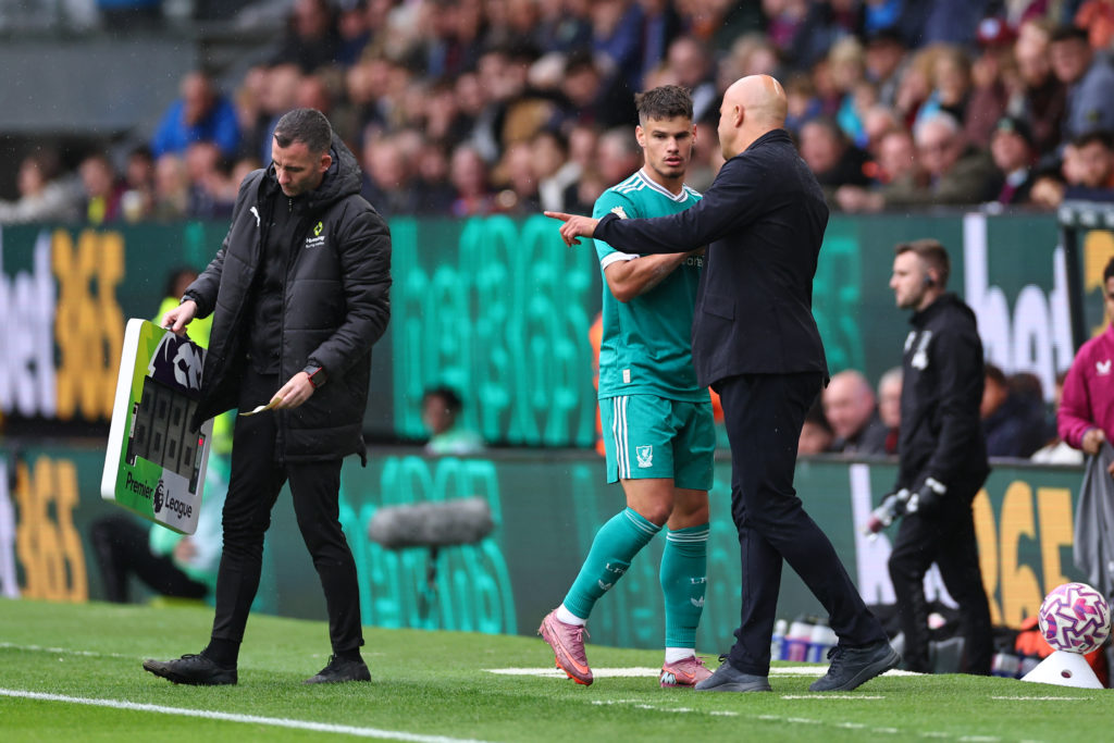 Milos Kerkez of Liverpool comes off during the Premier League match between Burnley and Liverpool at Turf Moor on September 14, 2025 in Burnley.