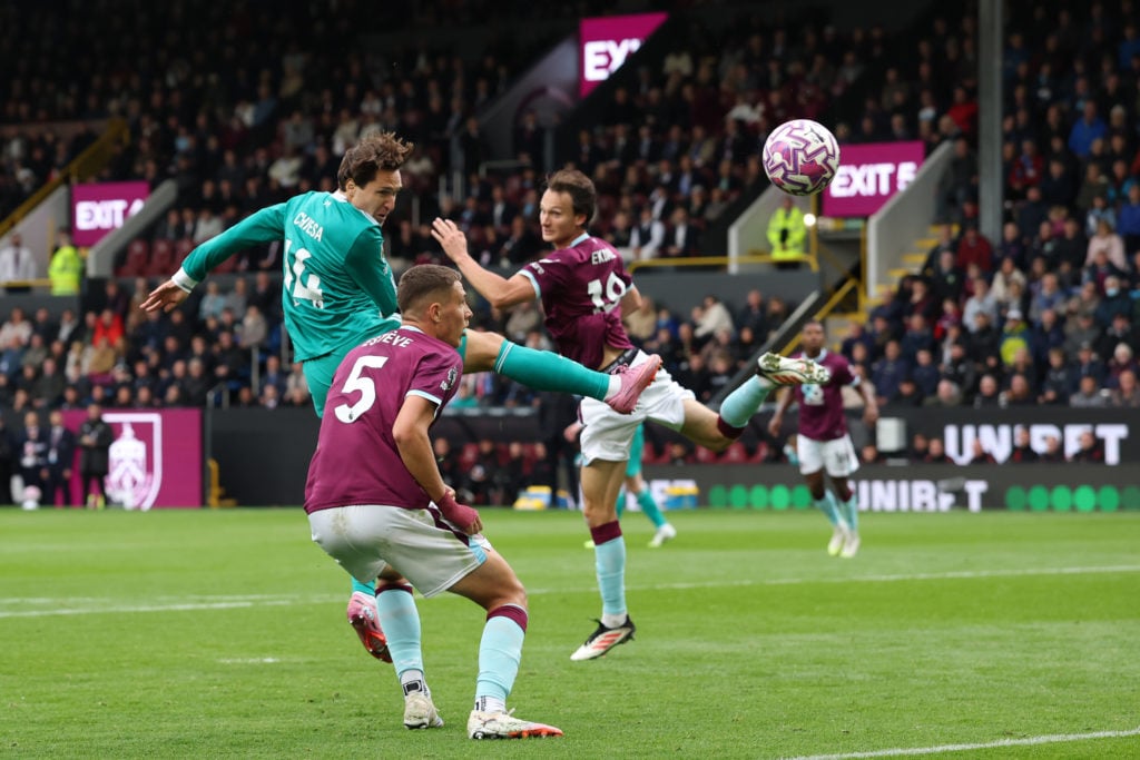 Federico Chiesa of Liverpool heads the ball wide during the Premier League match between Burnley and Liverpool.