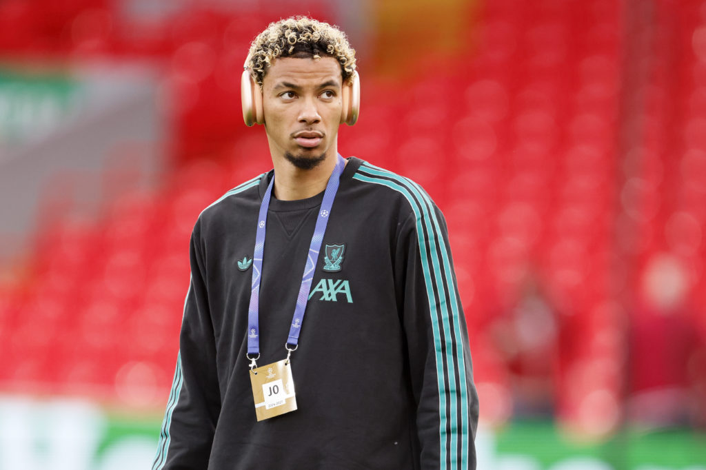 Hugo Ekitike of Liverpool on the pitch before the UEFA Champions League 2025/26 League Phase MD1 match between Liverpool FC and Atletico de Madrid at Anfield on September 17, 2025 in Liverpool, England.