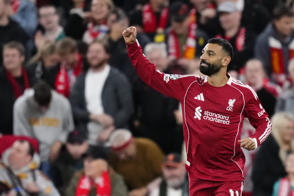 Mohamed Salah right winger of Liverpool and Egypt celebrates after scoring his sides first goal during the UEFA Champions League 2025/26 League Phase MD1 match between Liverpool FC and Atletico de Madrid at Anfield