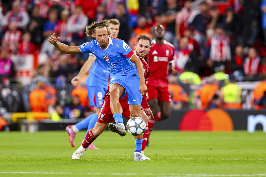 Marcos Llorente of Atletico de Madrid controls the ball during the UEFA Champions League 2025/26 League Phase MD1 match between Liverpool FC and Atletico de Madrid at Anfield.