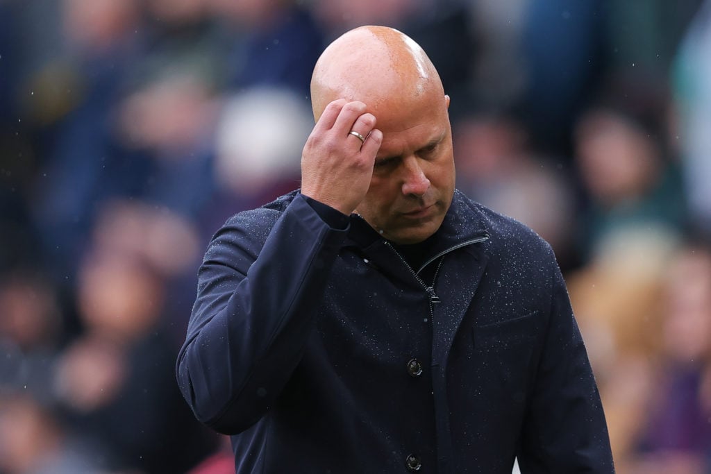 Arne Slot, head coach of Liverpool, looks dejected during the Premier League match between Burnley and Liverpool at Turf Moor