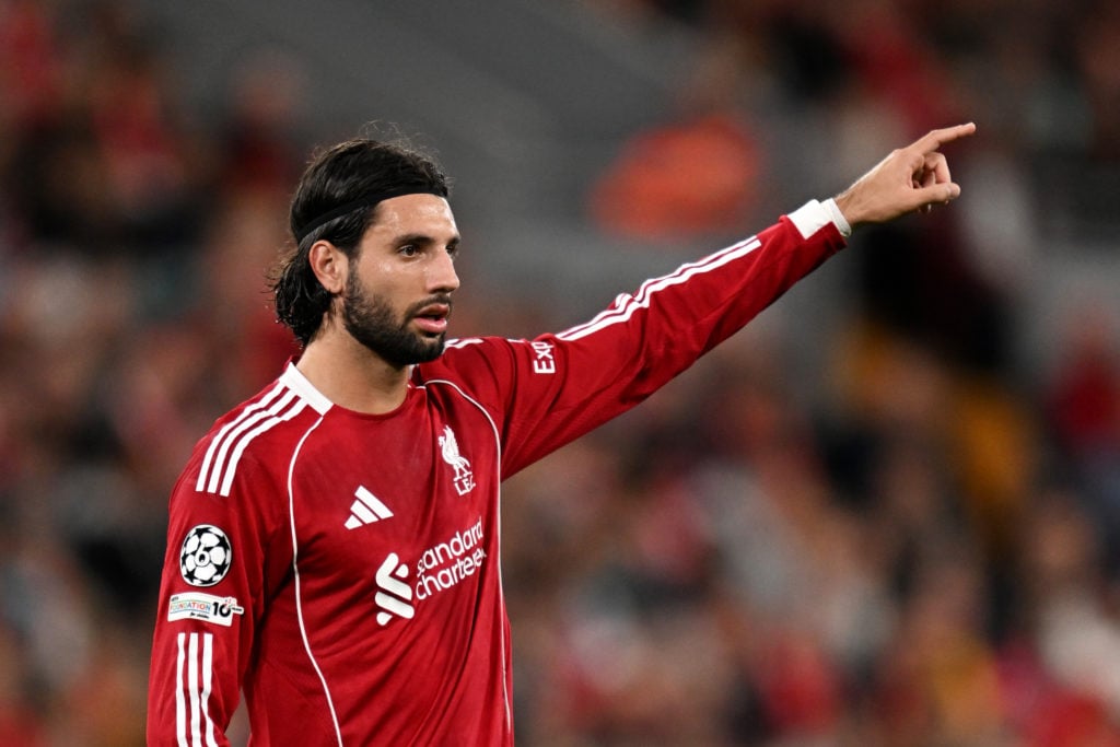 Dominik Szoboszlai of Liverpool gestures during the UEFA Champions League 2025/26 League Phase MD1 match between Liverpool FC and Atletico de Madrid at Anfield