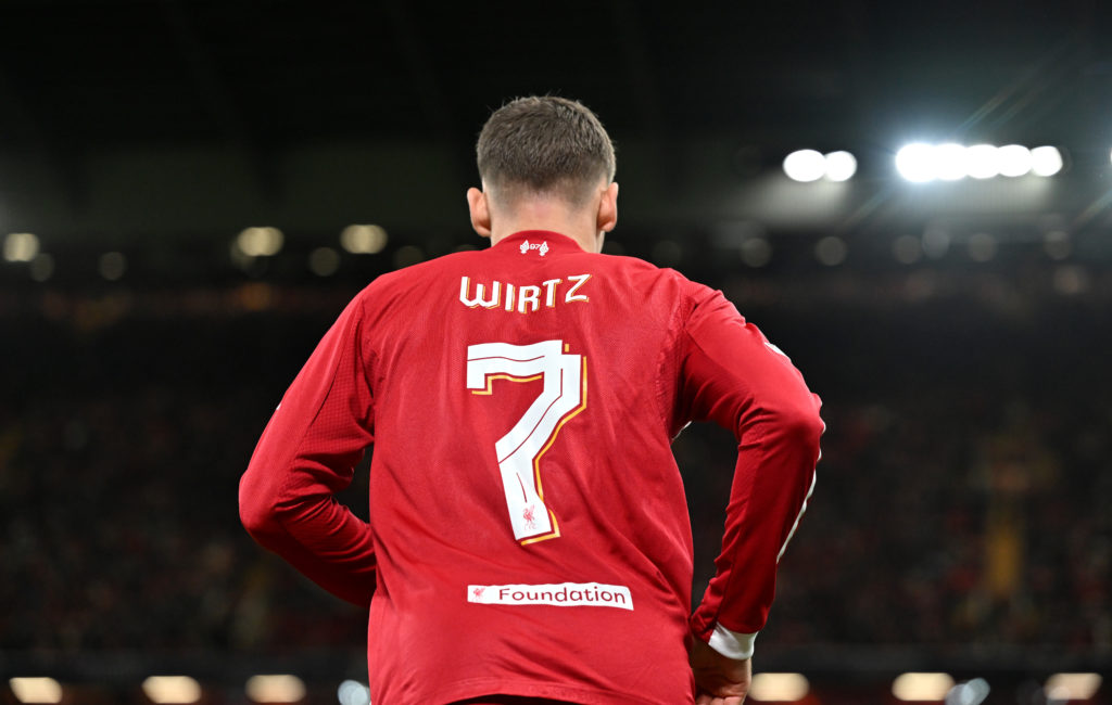 Florian Wirtz of Liverpool looks on during the UEFA Champions League 2025/26 League Phase MD1 match between Liverpool FC and Atletico de Madrid at Anfield