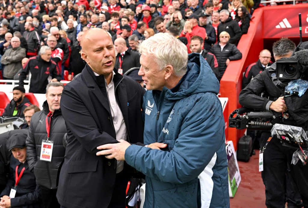 Arne Slot greets David Moyes ahead of Liverpool's Premier League clash with Everton at Anfield