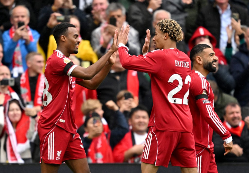 Hugo Ekitike celebrates with Ryan Gravenberch after his goal puts Liverpool 1-0 up against Everton in the Premier League at Anfield