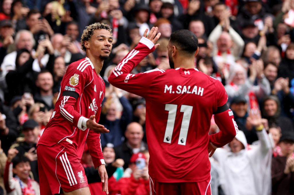 Mo Salah and Hugo Ekitike celebrate goal