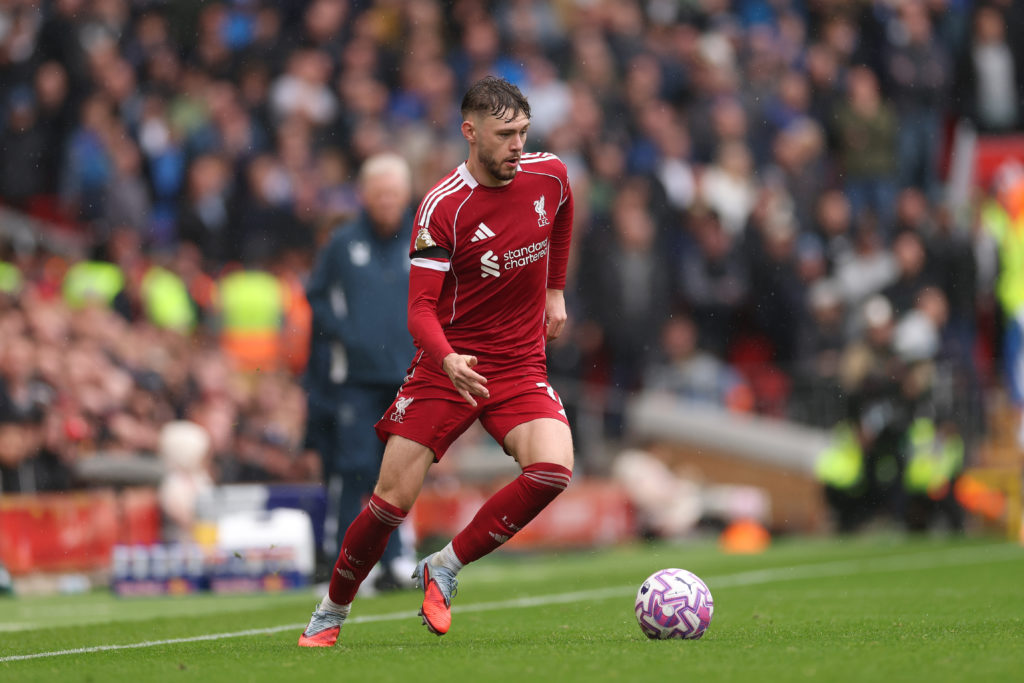 Conor Bradley with the ball against Everton
