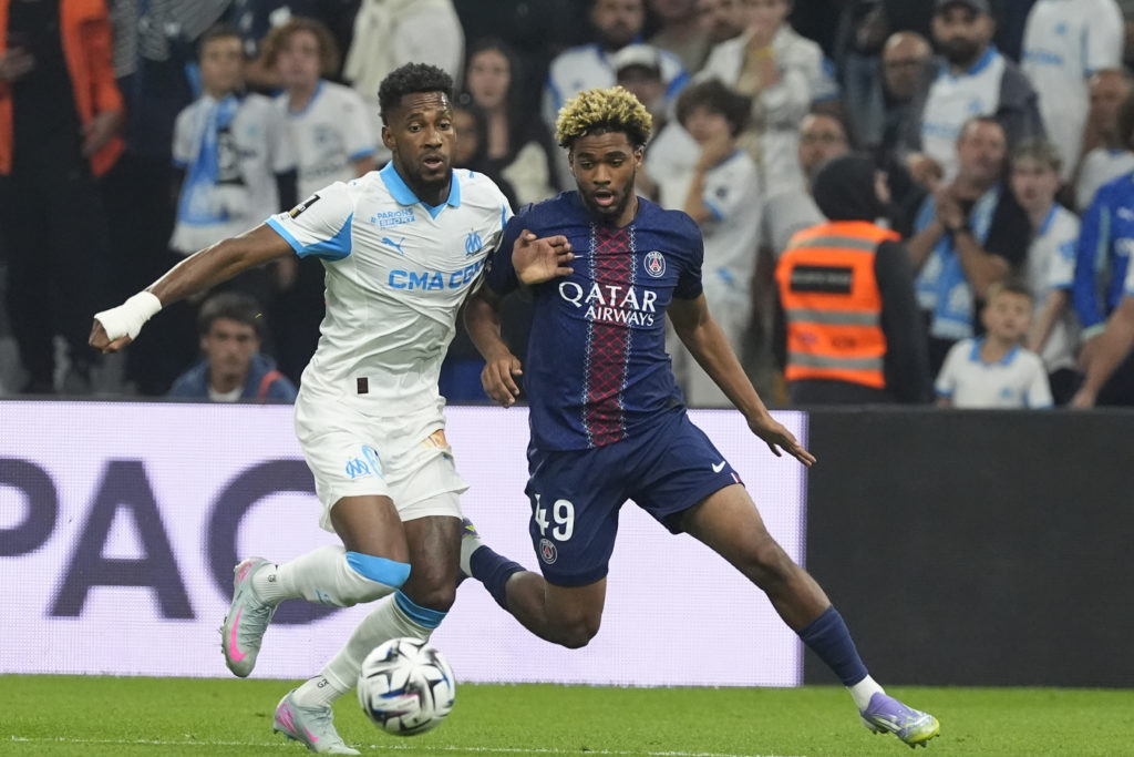 Ibrahim Mbaye #49 of Paris Saint-Germain F.C. fights for possession during a regular season of the Ligue 1 McDonald's match between Olympique of Marseille and Paris Saint-Germain (PSG) on September 22, 2025 in Stade Velodrome, France.