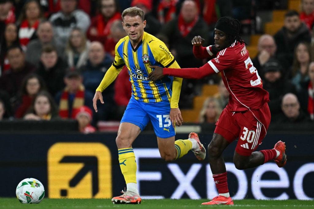 Jeremie Frimpong battles for the ball with Leo Scienza during Liverpool's EFL Cup game against Southampton at Anfield.