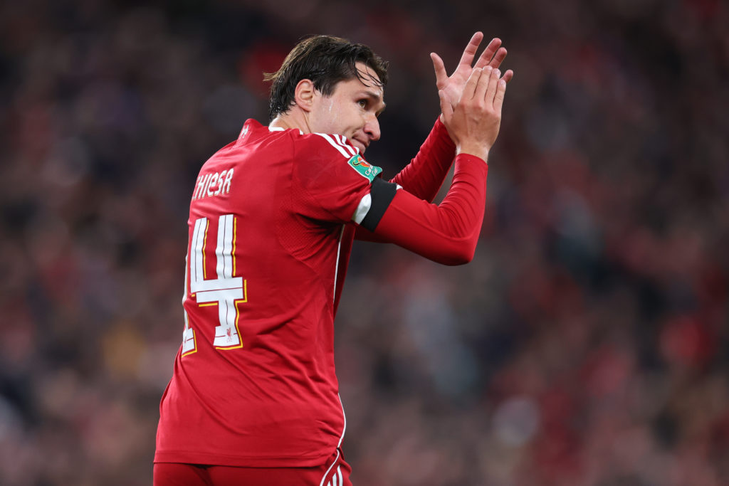 Federico Chiesa of Liverpool applauds the fans during the Carabao Cup Third Round match between Liverpool and Southampton at Anfield
