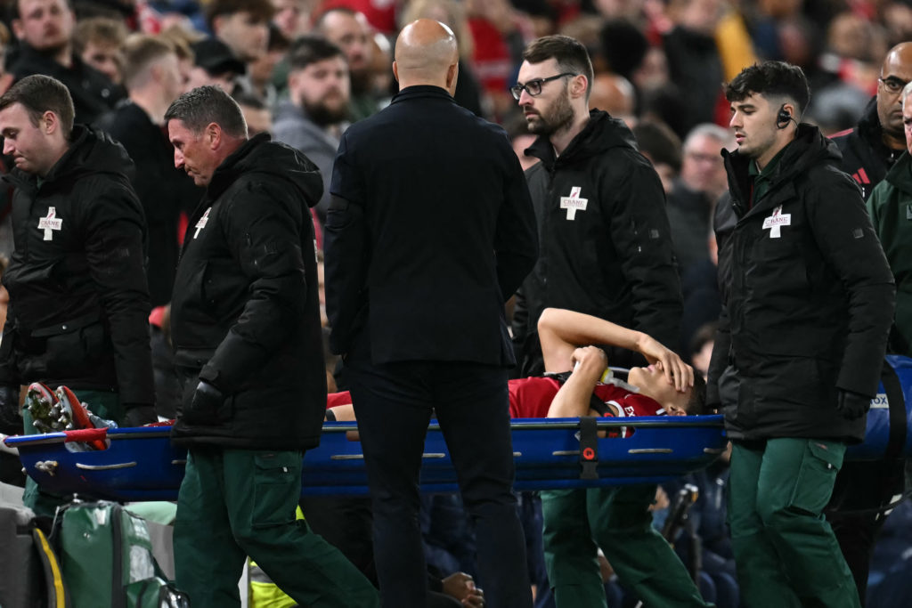Giovanni Leoni leaves the pitch on a stretcher during Liverpool's EFL Cup match against Southampton at Anfield