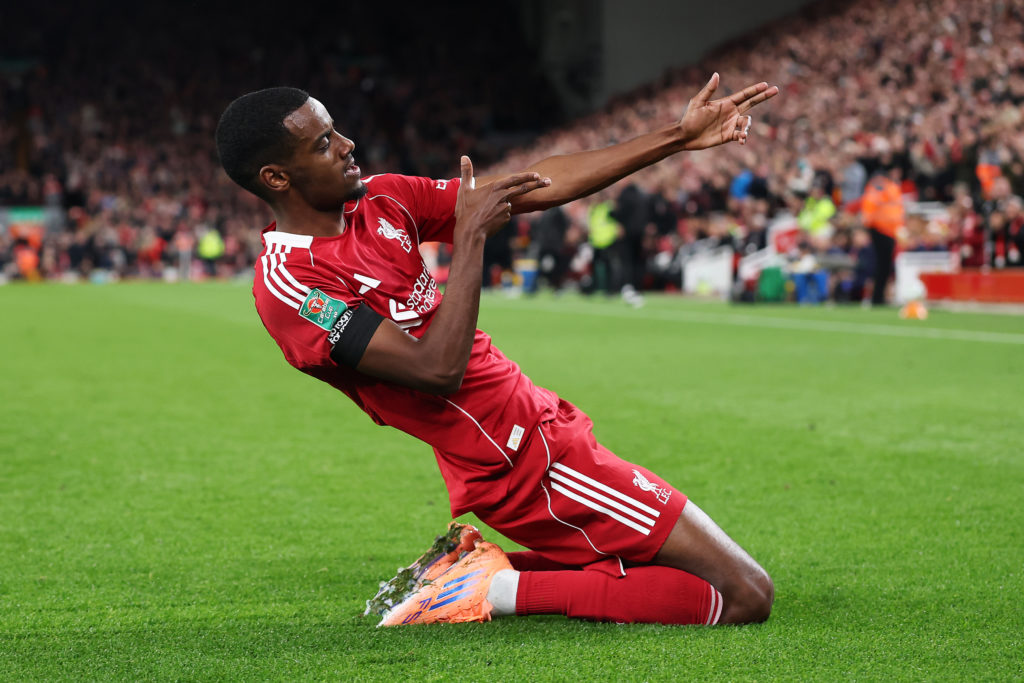 Alexander Isak of Liverpool celebrates scoring his team's first goal during the Carabao Cup Third Round match between Liverpool and Southampton at Anfield