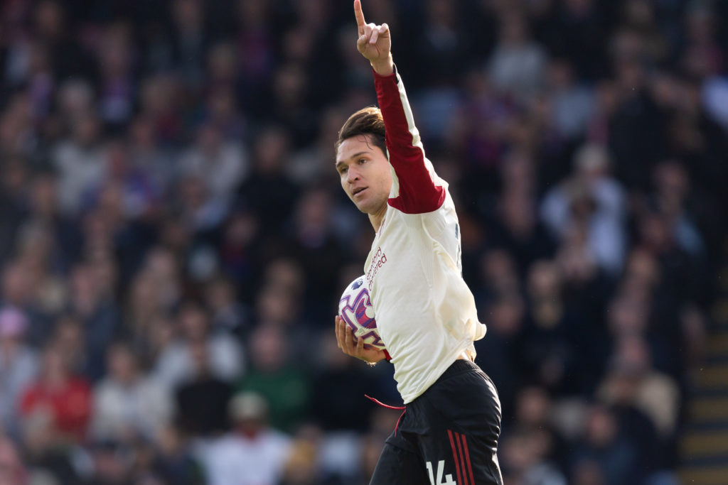 Federico Chiesa celebrates equalising for Liverpool in their Premier League match against Crystal Palace at Selhurst Park