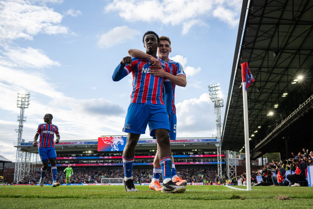 Eddie Nketiah of Crystal Palace celebrate with Justin Devenny after scoring goal during the Premier League match between Crystal Palace and Liverpool at Selhurst Park.