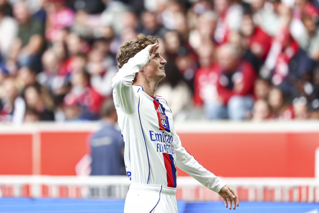 Tyler Morton salutes to fans after scoring for Lyon in the Ligue1 match against Lille.