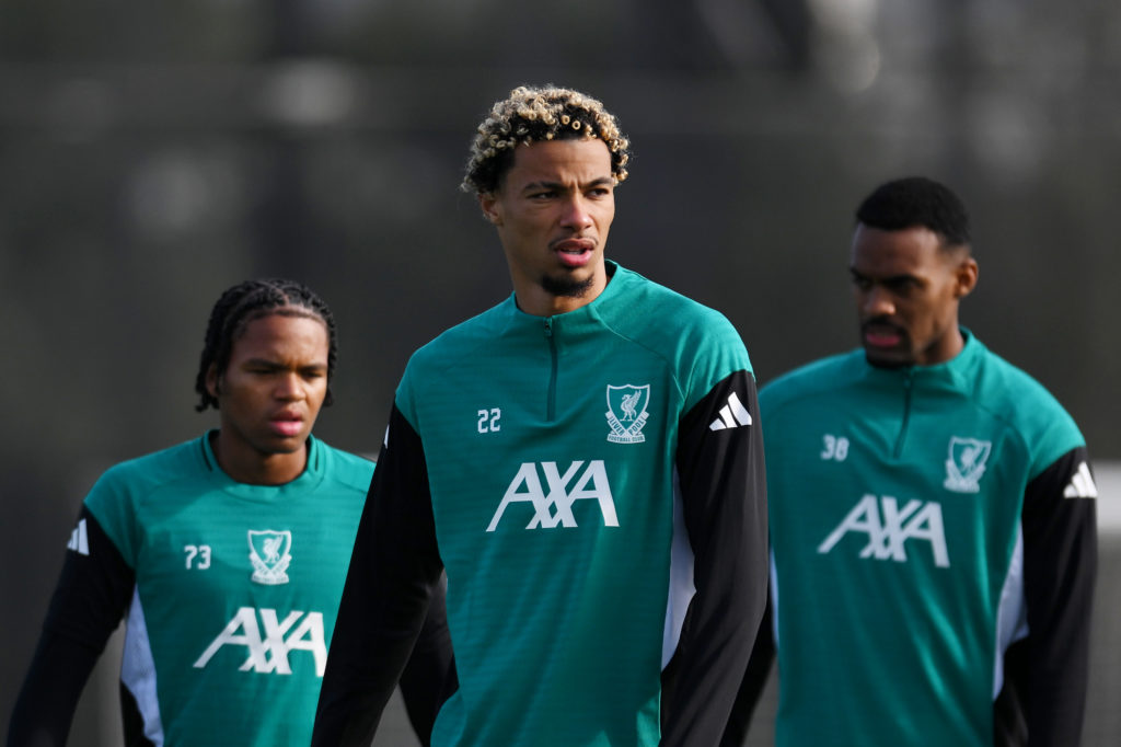 Hugo Ekitike, Rio Ngumoha and Ryan Gravenberch train ahead of Liverpool's UEFA Champions League match against Galatasaray