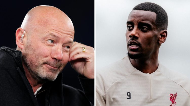 Left: Alan Shearer presenting a football game for BBC Sport. Right: Alexander Isak pictured in his first Liverpool training session.