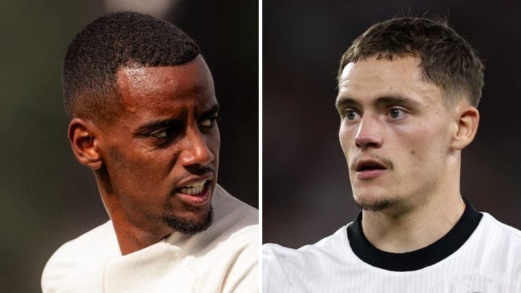 Left: Alexander Isak pictured during a Liverpool training session. Right: Florian Wirtz pictured playing for Germany.