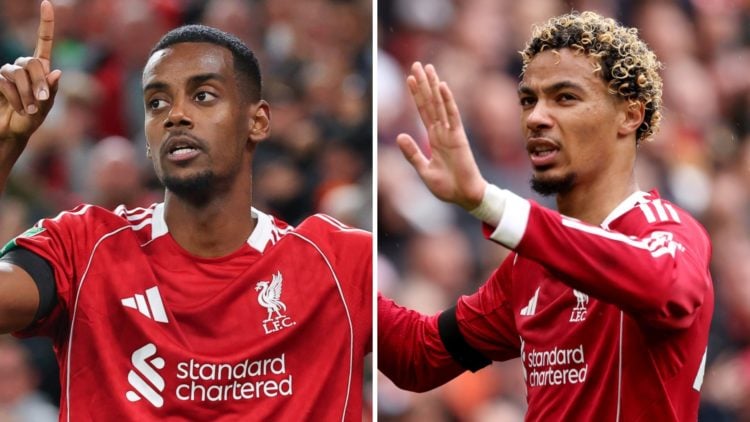 Alexander Isak celebrates after scoring his first goal for Liverpool against Southampton in the Carabao Cup at Anfield. Hugo Ekitike celebrates aft...