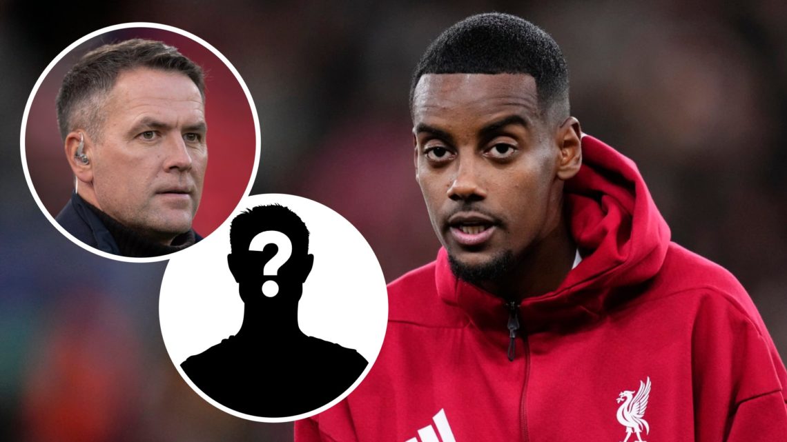 Michael Owen (right) looks on during broadcast, mystery silhouette (right), Alexander Isak (left) lines up for Liverpool against Atletico Madrid