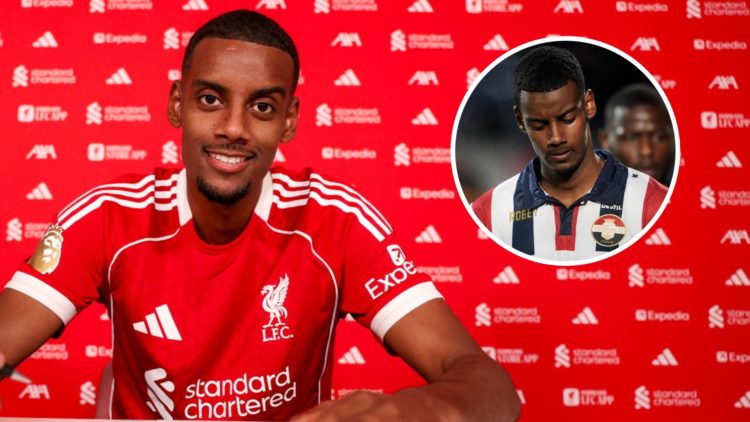 Alexander Isak smiles at the camera after being unveiled as a new Liverpool player. Alexander Isak looks down at the ground during Willem II's Ered...