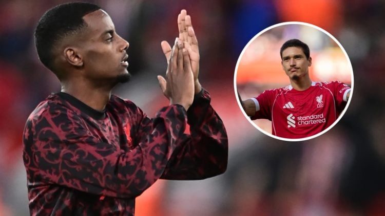 Alexander Isak applauds fans at Anfield ahead of Liverpool's UEFA Champions League match against Atletico Madrid. Darwin Nunez holds his hands up t...