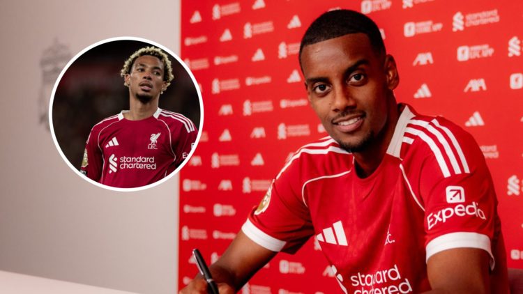 Alexander Isak smiles as he poses for the camera after signing for Liverpool on transfer deadline day. Hugo Ekitike pictured in action for Liverpoo...