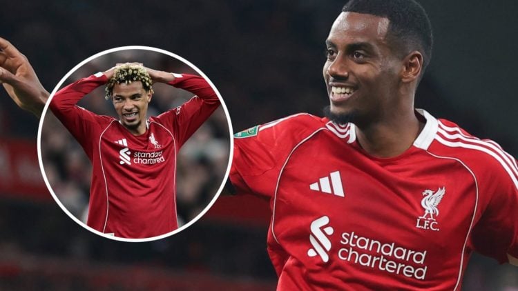 Alexander Isak celebrates after scoring for Liverpool against Southampton in the EFL Cup at Anfield. Hugo Ekitike reacts after missing a chance for...