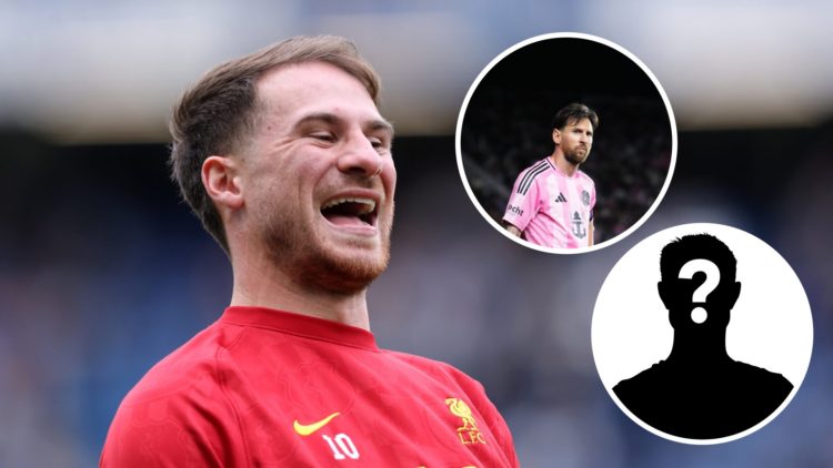Alexis Mac Allister (left) laughs during pre-match training, Lionel Messi (right) looks on during Inter Miami game, Mystery silhouette (right)