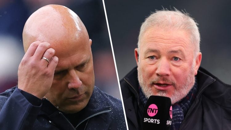 Left: Arne Slot with his hand on his head. Right: Ally McCoist pictured presenting for TNT Sports.