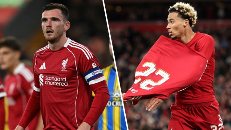 Liverpool's Scottish defender #26 Andrew Robertson captains the team during the English League Cup third round football match between Liverpool and...