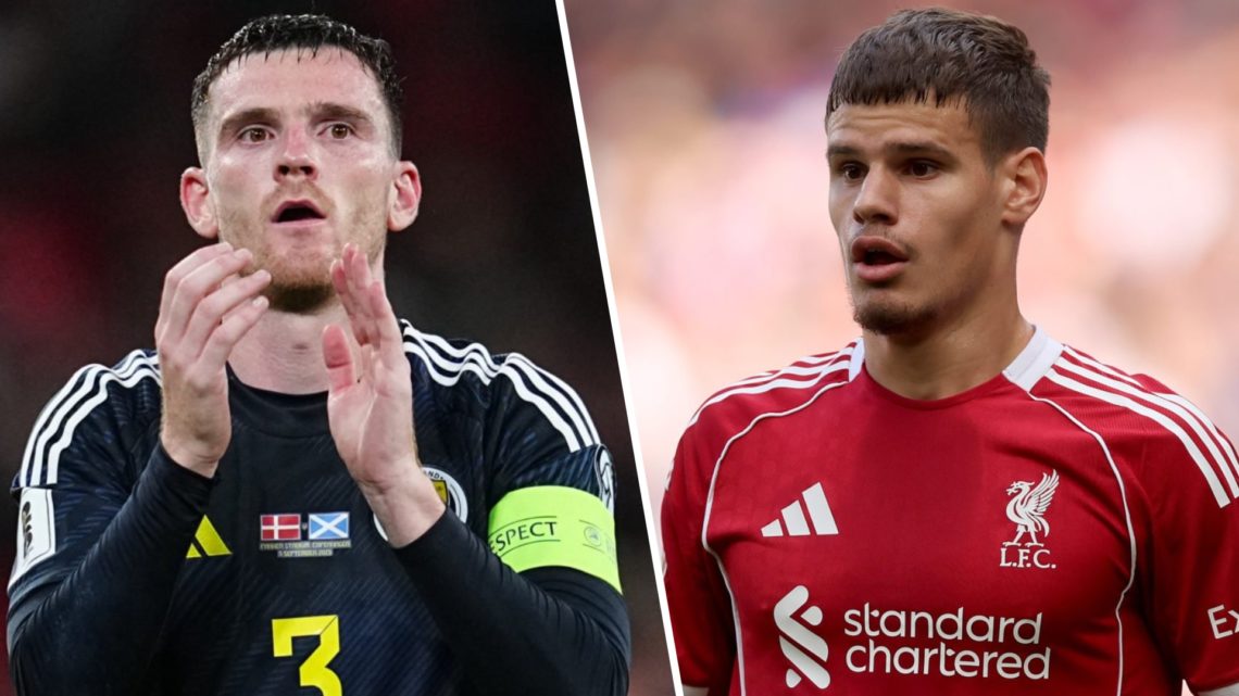 Andy Robertson of Scotland looks on during the UEFA World Cup qualification match between Denmark and Scotland at Parken Stadium. Milos Kerkez of L...