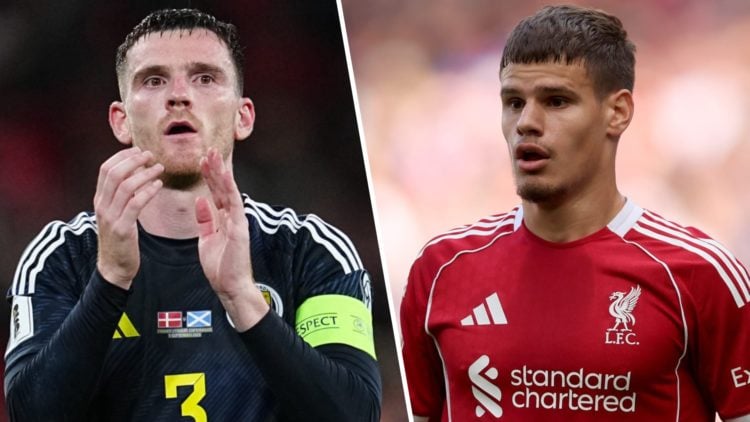 Andy Robertson of Scotland looks on during the UEFA World Cup qualification match between Denmark and Scotland at Parken Stadium. Milos Kerkez of L...