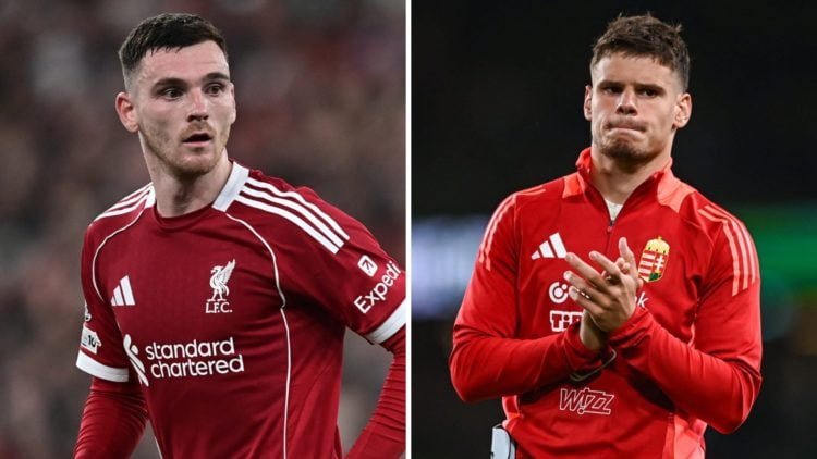 Left: Andy Robertson playing for Liverpool. Right: Milos Kerkez playing for Hungary.