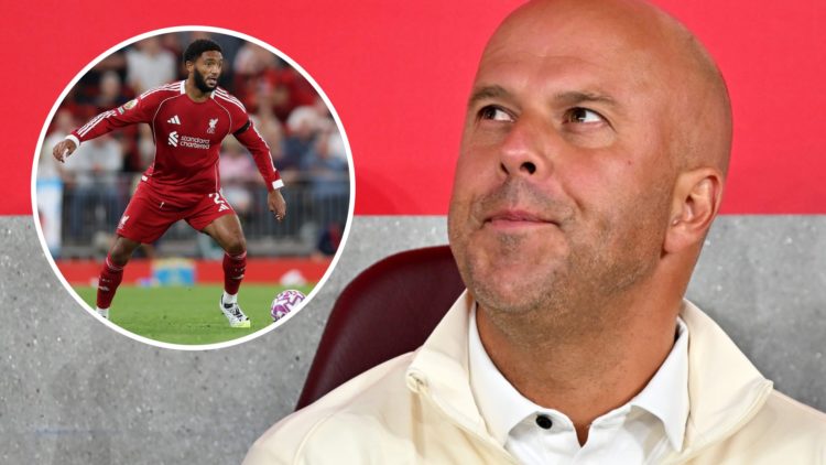 Main: Arne Slot on the Liverpool bench. Insert: Joe Gomez caught in action for Liverpool.